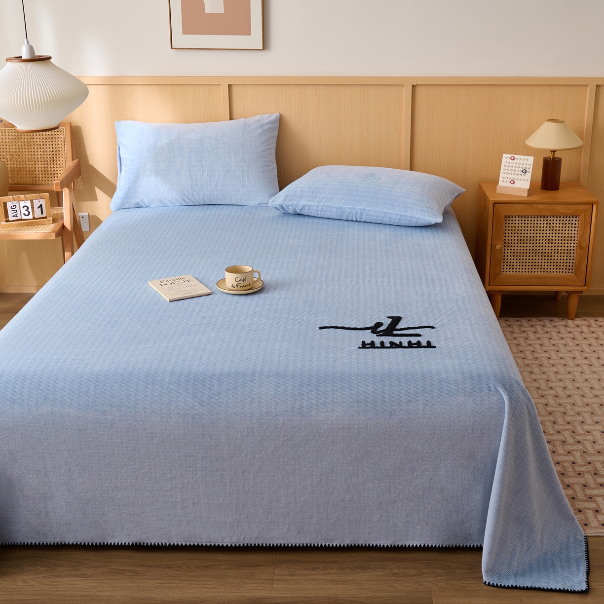 91家纺网 家纺一手货源 找家纺 早晨家纺 2025新款流星款高克重牛奶绒阳离子提花兔毛单床单 流星-雾蓝