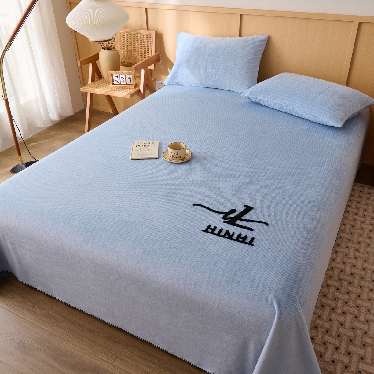 91家纺网 家纺一手货源 找家纺 早晨家纺 2025新款流星款高克重牛奶绒阳离子提花兔毛单床单 流星-雾蓝