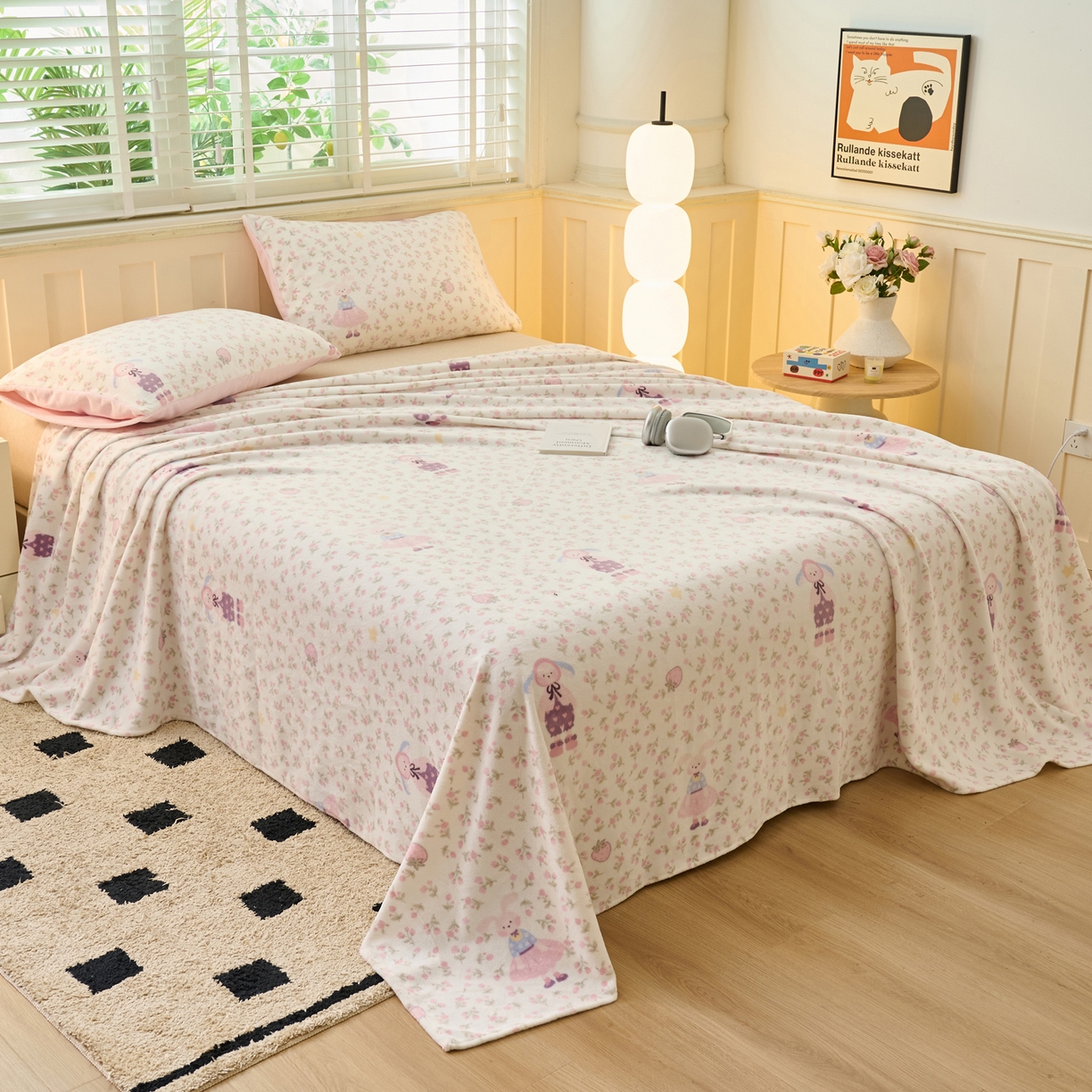 91家纺网 家纺一手货源 找家纺 早晨家纺 2025新款卡通印花高克重牛奶绒印花单床单 花兔谣