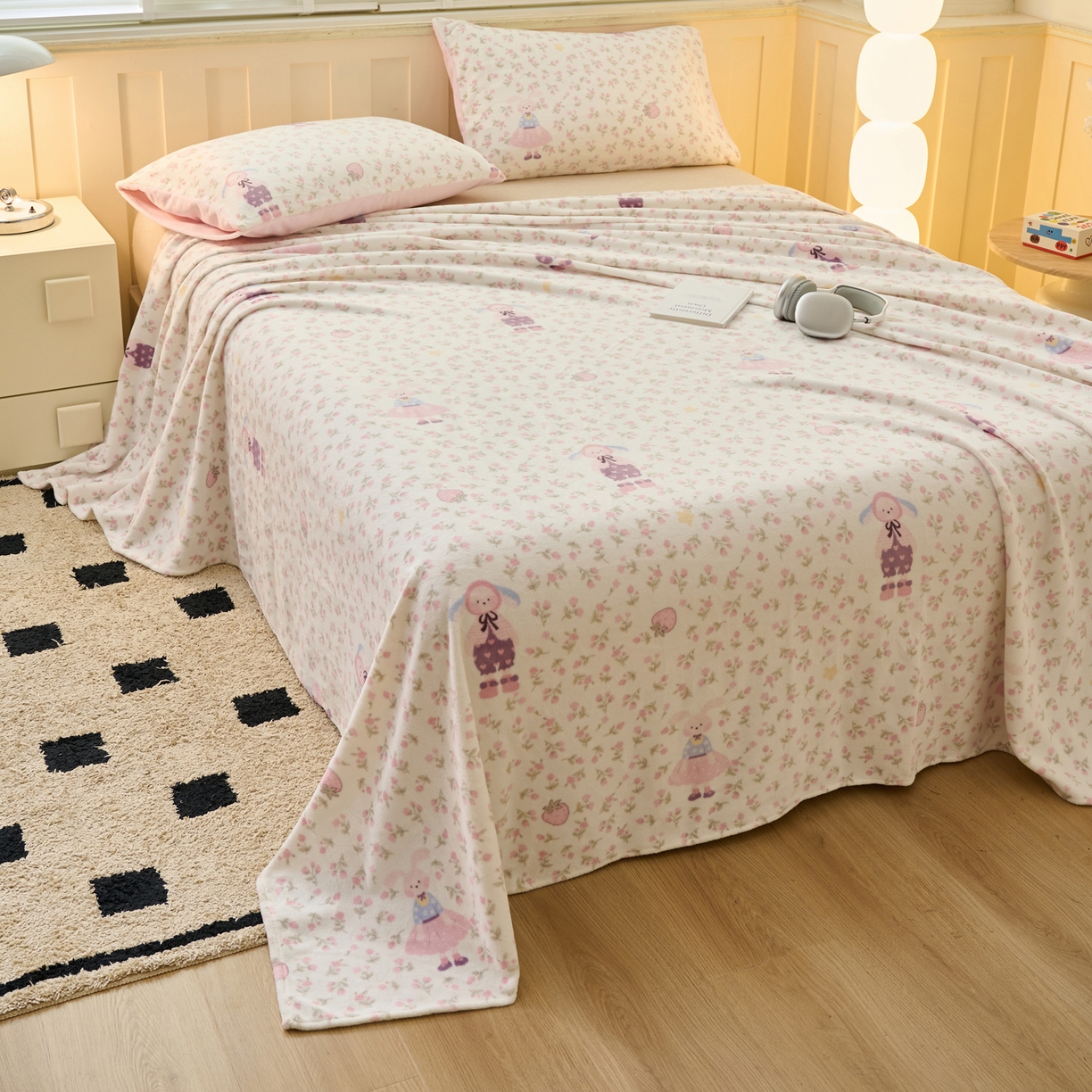 91家纺网 家纺一手货源 找家纺 早晨家纺 2025新款卡通印花高克重牛奶绒印花单床单 花兔谣
