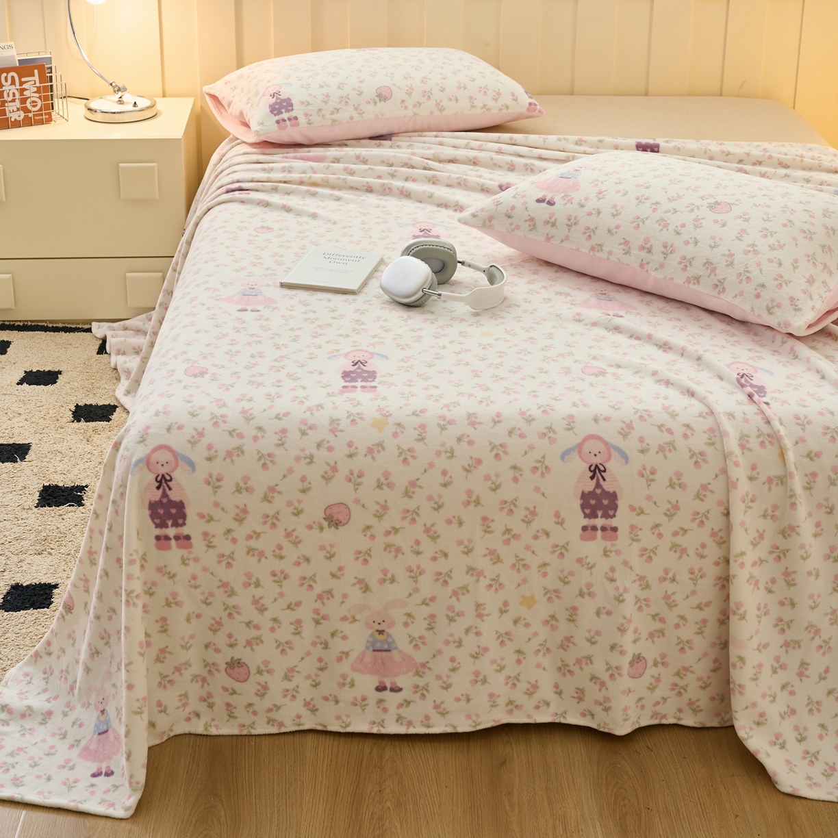 91家纺网 家纺一手货源 找家纺 早晨家纺 2025新款卡通印花高克重牛奶绒印花单床单 花兔谣