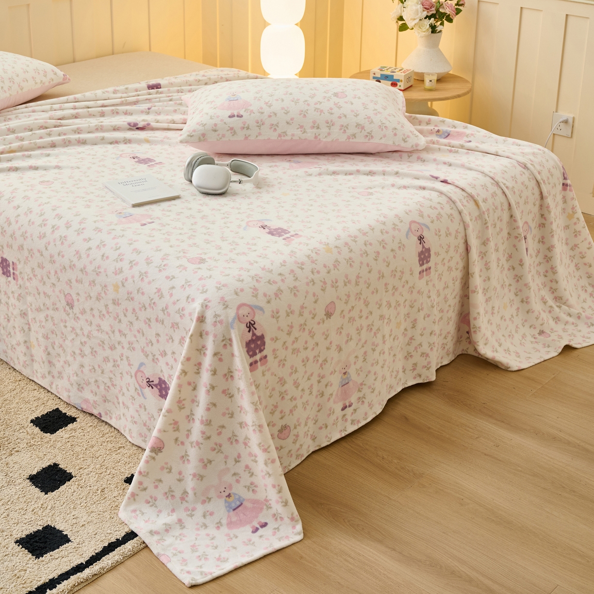 91家纺网 家纺一手货源 找家纺 早晨家纺 2025新款卡通印花高克重牛奶绒印花单床单 花兔谣