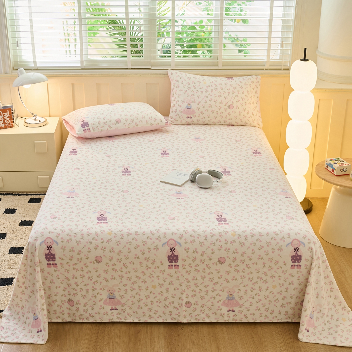 91家纺网 家纺一手货源 找家纺 早晨家纺 2025新款卡通印花高克重牛奶绒印花单床单 花兔谣