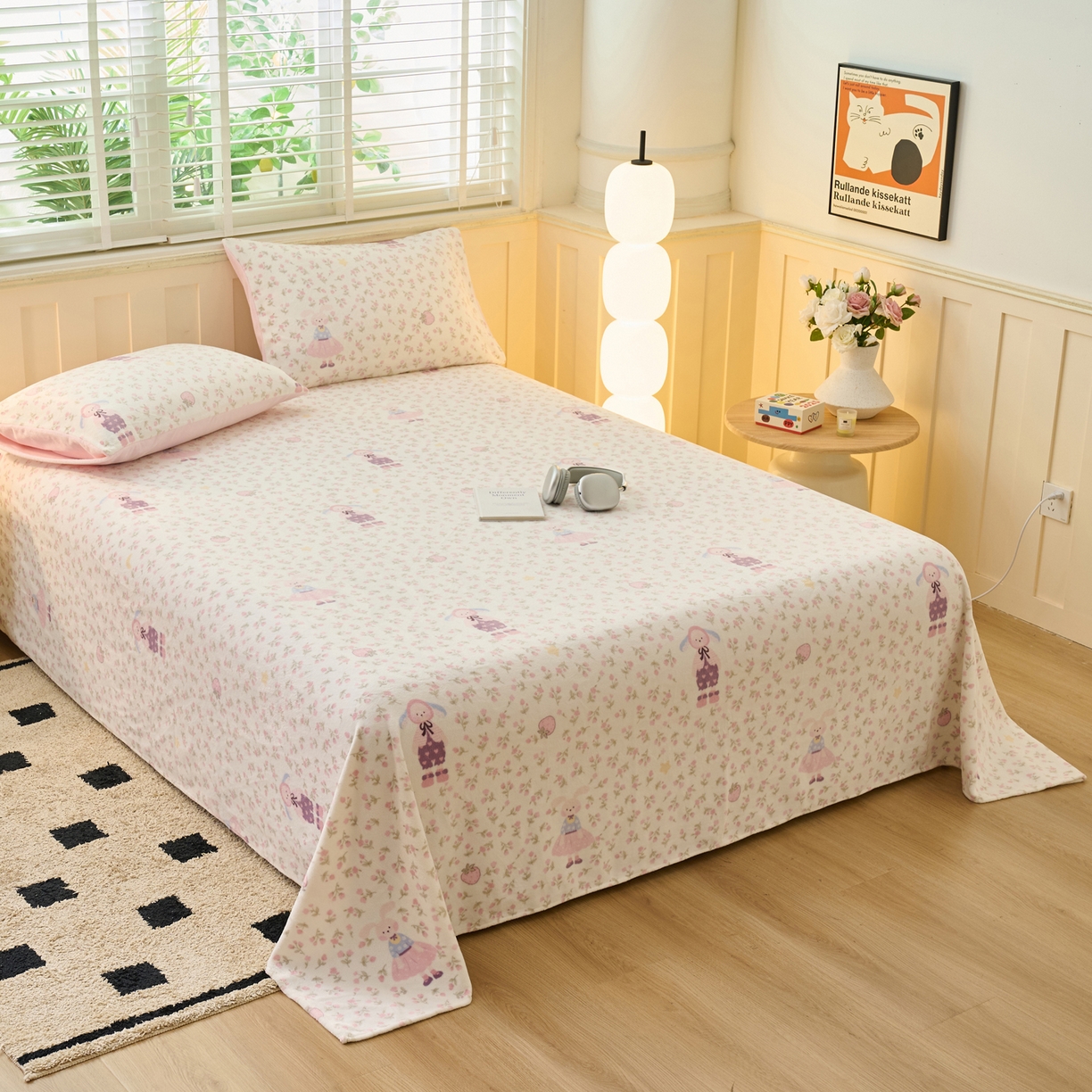 91家纺网 家纺一手货源 找家纺 早晨家纺 2025新款卡通印花高克重牛奶绒印花单床单 花兔谣