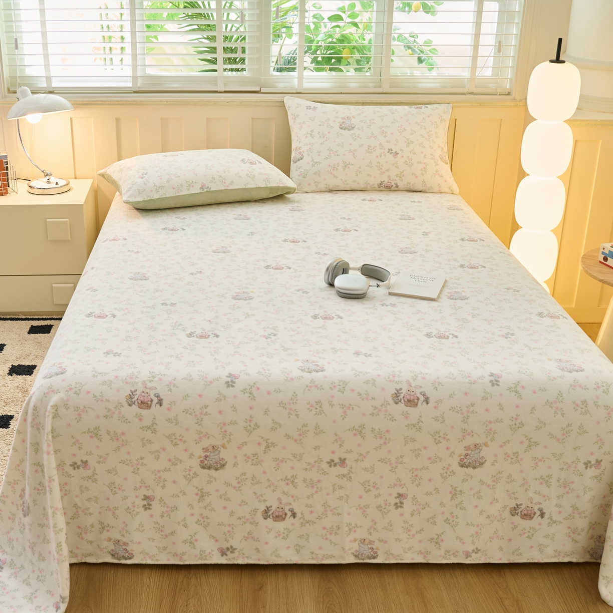 91家纺网 家纺一手货源 找家纺 早晨家纺 2025新款卡通印花高克重牛奶绒印花单床单 花兔语