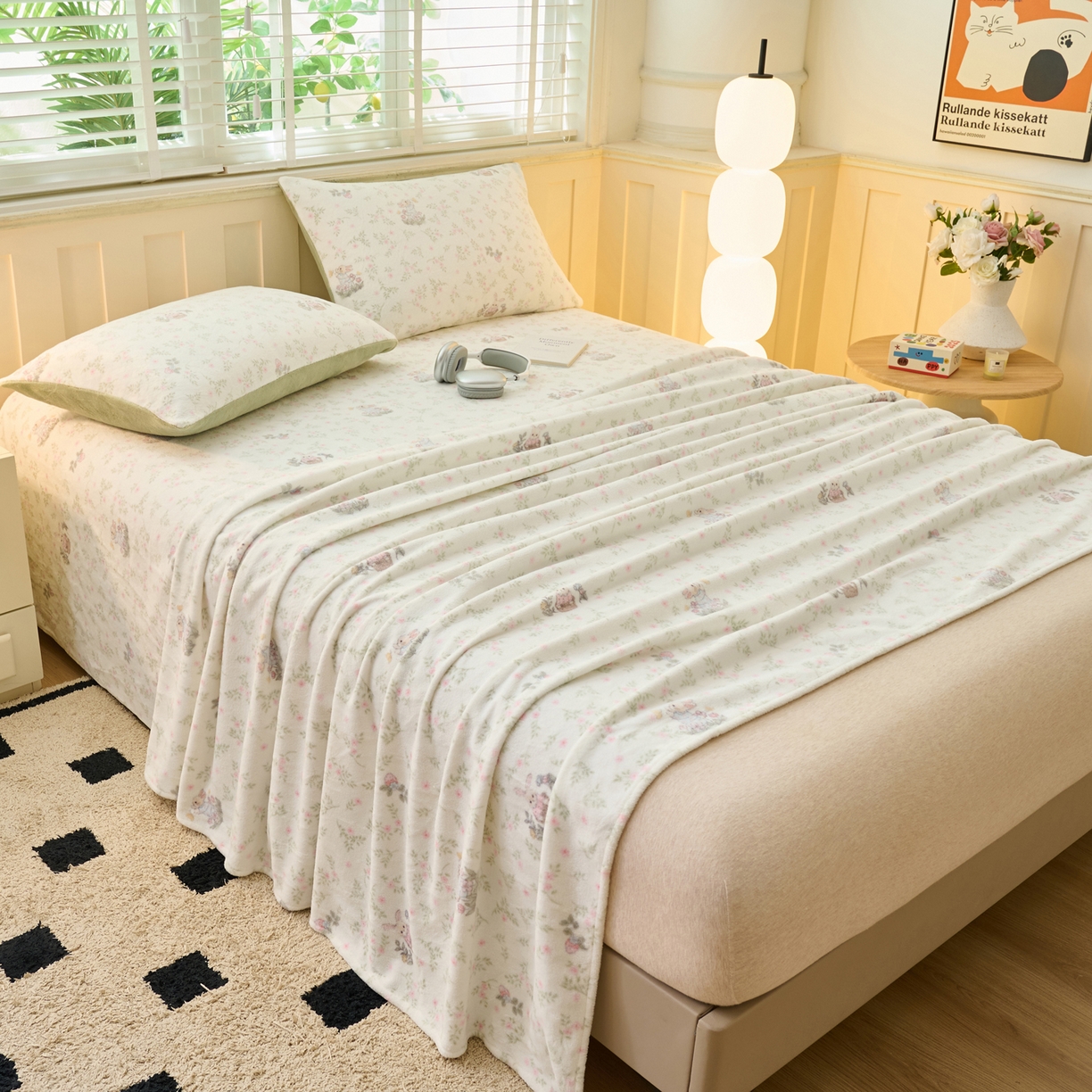 91家纺网 家纺一手货源 找家纺 早晨家纺 2025新款卡通印花高克重牛奶绒印花单床单 花兔语