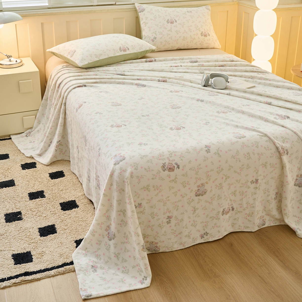 91家纺网 家纺一手货源 找家纺 早晨家纺 2025新款卡通印花高克重牛奶绒印花单床单 花兔语