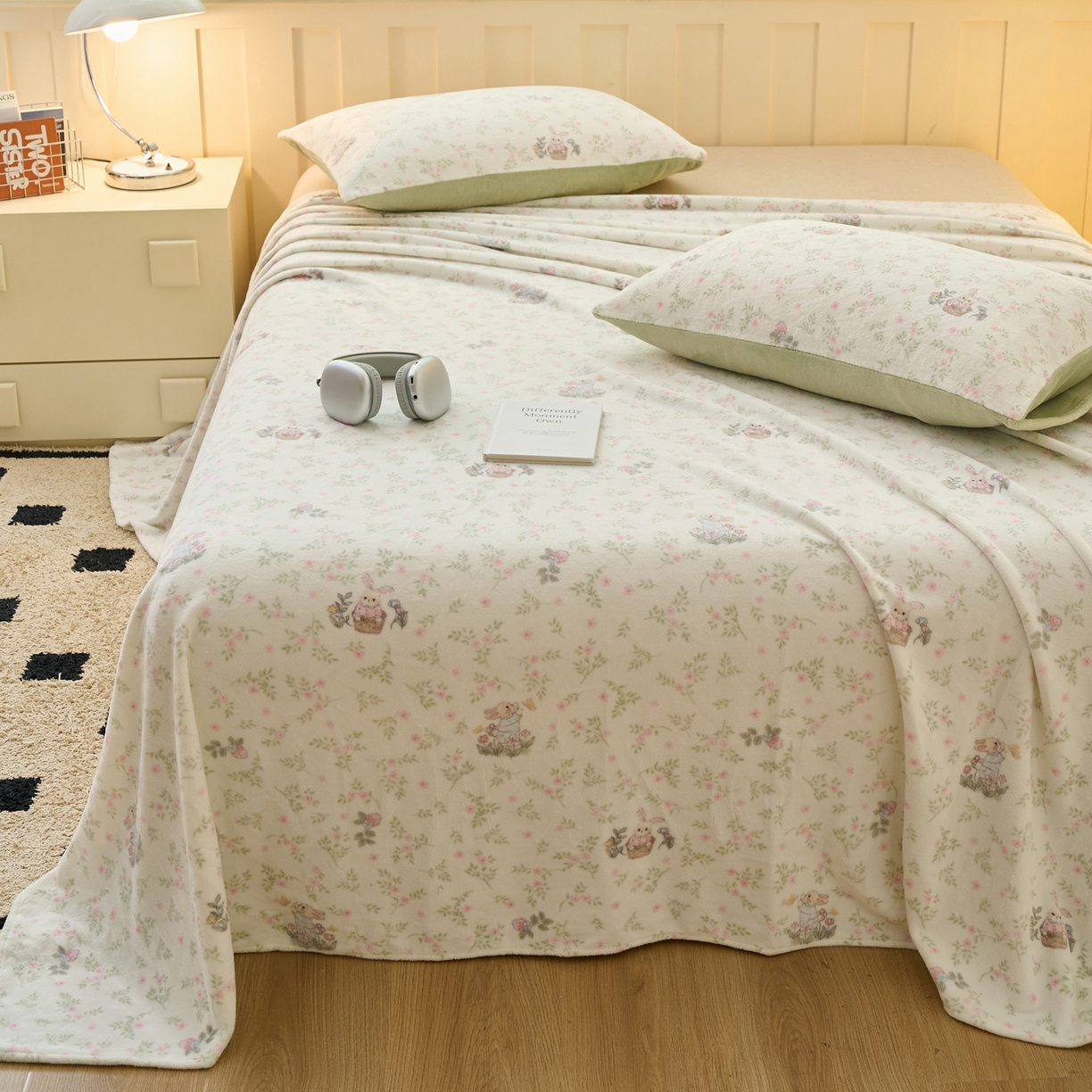 91家纺网 家纺一手货源 找家纺 早晨家纺 2025新款卡通印花高克重牛奶绒印花单床单 花兔语