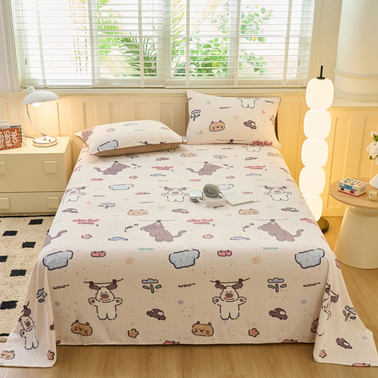 91家纺网 家纺一手货源 找家纺 早晨家纺 2025新款卡通印花高克重牛奶绒印花单床单 萌趣屋