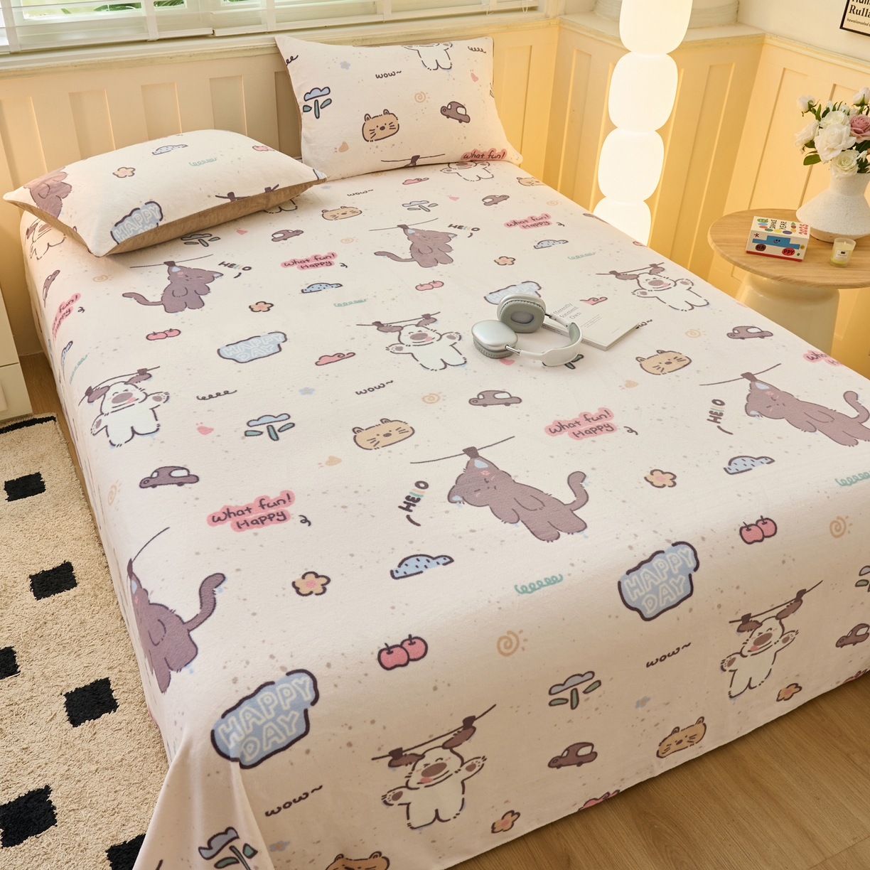 91家纺网 家纺一手货源 找家纺 早晨家纺 2025新款卡通印花高克重牛奶绒印花单床单 萌趣屋