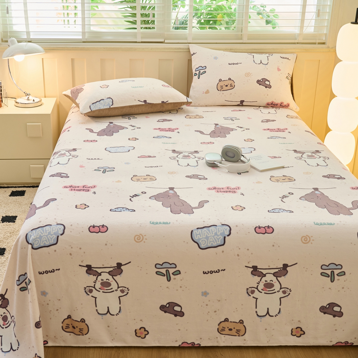 91家纺网 家纺一手货源 找家纺 早晨家纺 2025新款卡通印花高克重牛奶绒印花单床单 萌趣屋