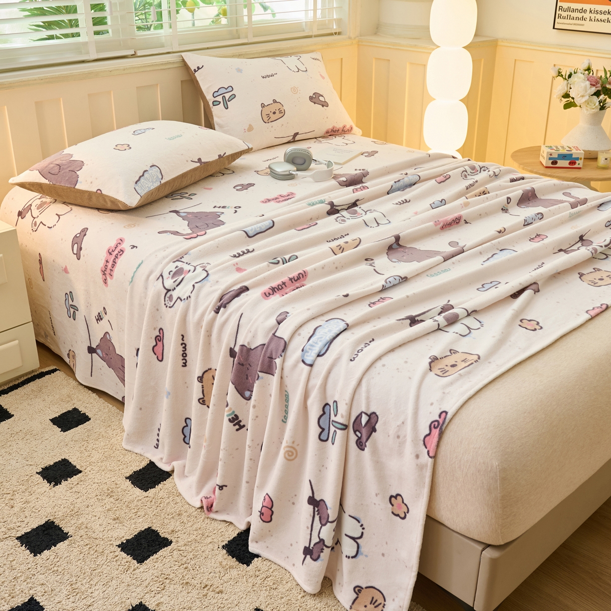 91家纺网 家纺一手货源 找家纺 早晨家纺 2025新款卡通印花高克重牛奶绒印花单床单 萌趣屋