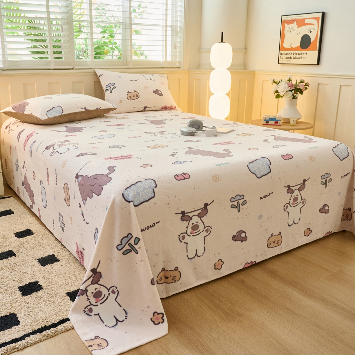 91家纺网 家纺一手货源 找家纺 早晨家纺 2025新款卡通印花高克重牛奶绒印花单床单 萌趣屋