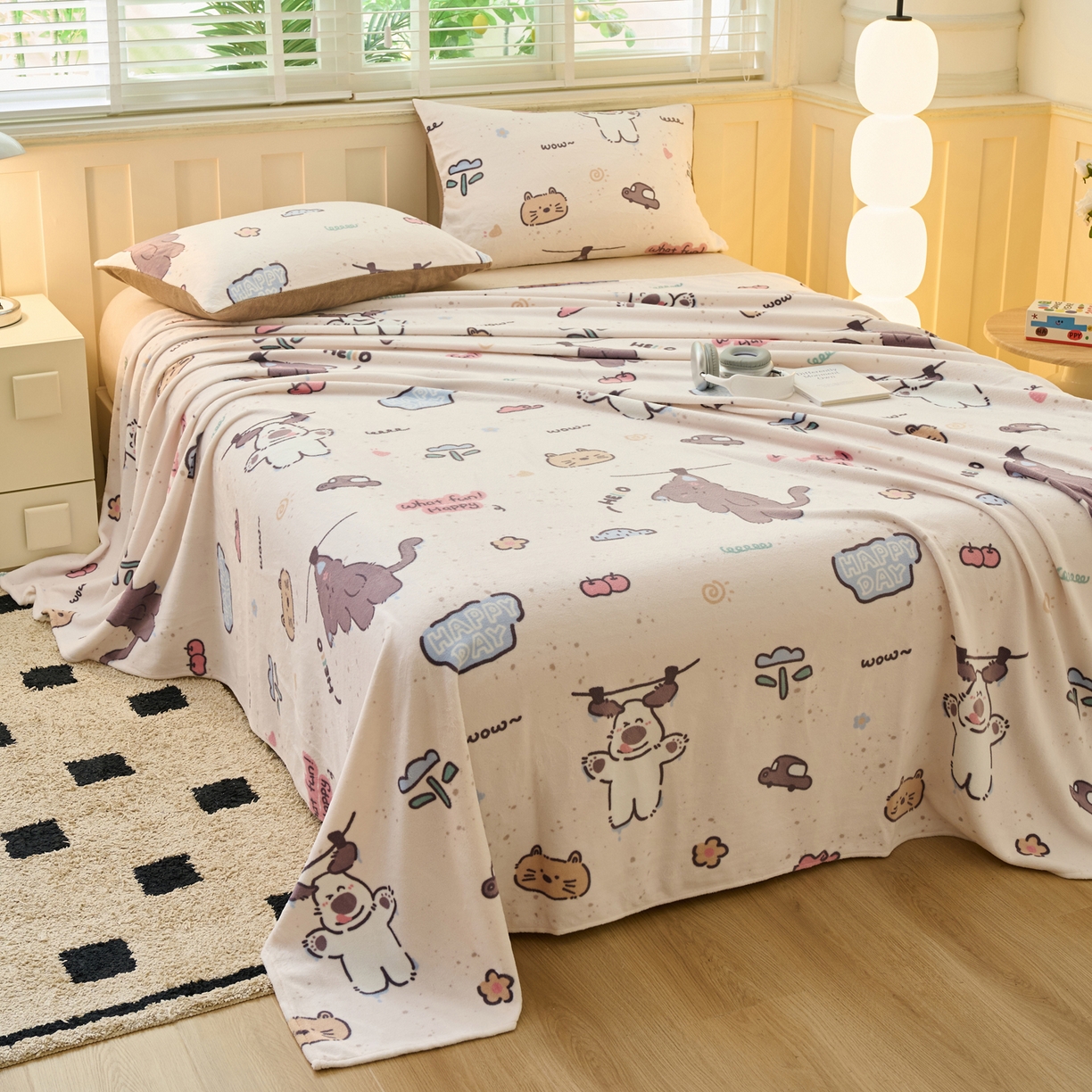 91家纺网 家纺一手货源 找家纺 早晨家纺 2025新款卡通印花高克重牛奶绒印花单床单 萌趣屋