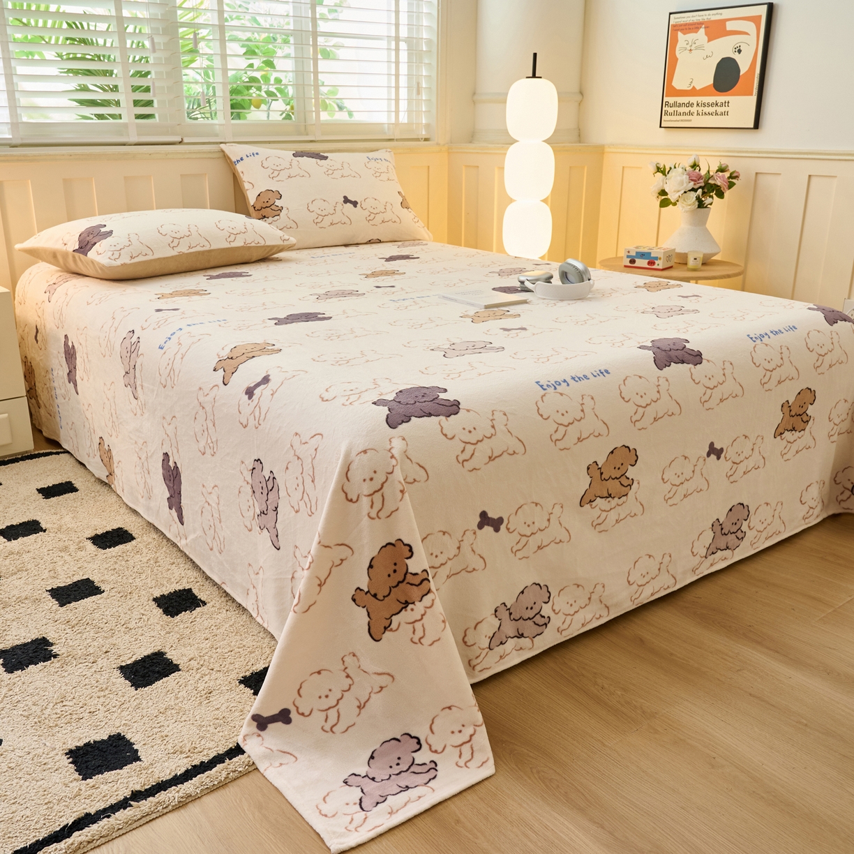 91家纺网 家纺一手货源 找家纺 早晨家纺 2025新款卡通印花高克重牛奶绒印花单床单 萌犬集