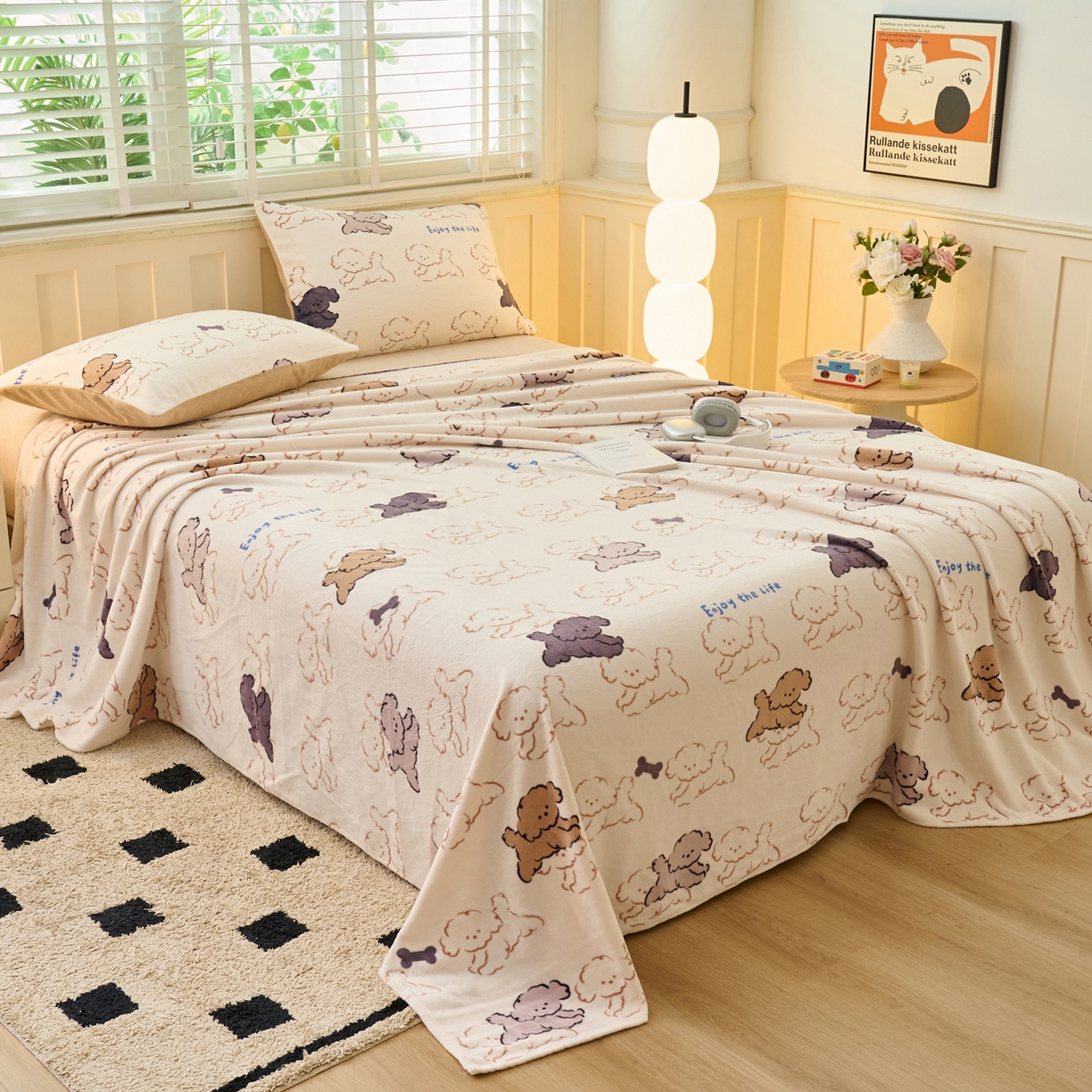 91家纺网 家纺一手货源 找家纺 早晨家纺 2025新款卡通印花高克重牛奶绒印花单床单 萌犬集