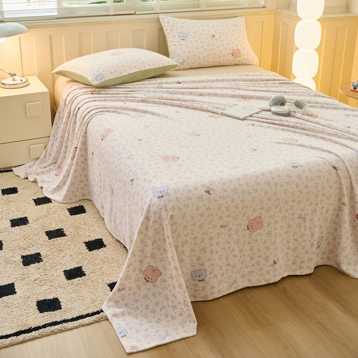 91家纺网 家纺一手货源 找家纺 早晨家纺 2025新款卡通印花高克重牛奶绒印花单床单 萌熊絮