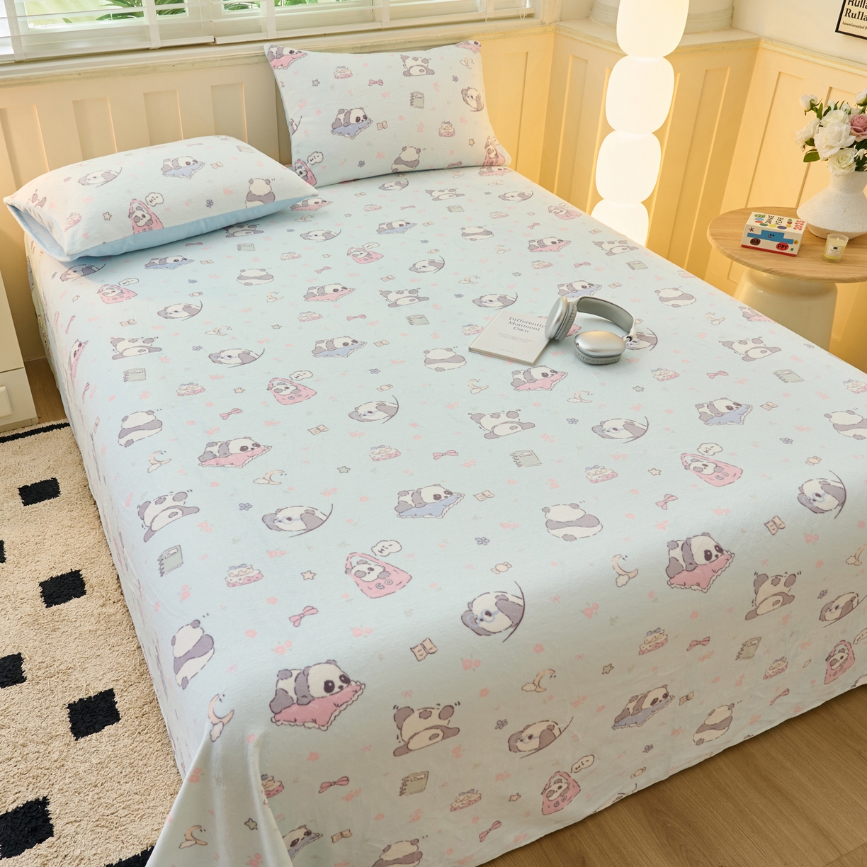 91家纺网 家纺一手货源 找家纺 早晨家纺 2025新款卡通印花高克重牛奶绒印花单床单 胖达园