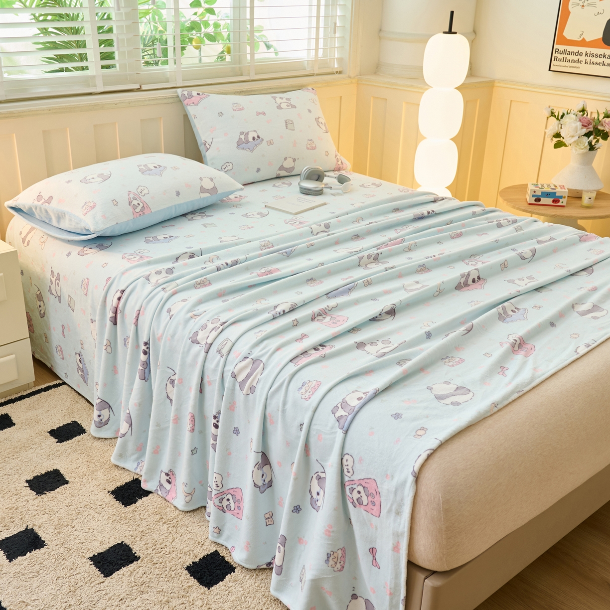 91家纺网 家纺一手货源 找家纺 早晨家纺 2025新款卡通印花高克重牛奶绒印花单床单 胖达园