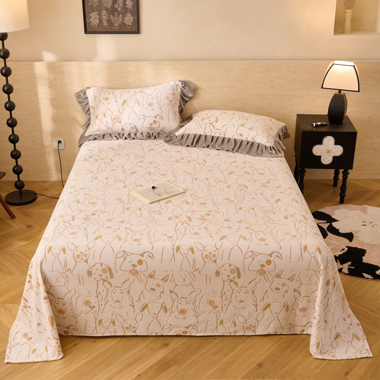 91家纺网 家纺一手货源 找家纺 早晨家纺 2025新款高克重牛奶绒烂花单品床单 萌犬