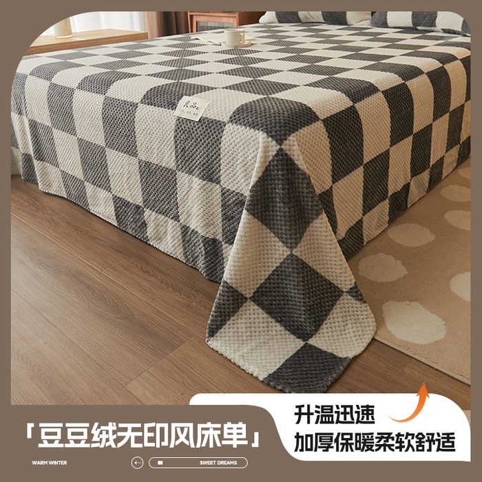 91家纺网 家纺一手货源 找家纺 早晨家纺 2025新款豆豆款高克重牛奶绒菠萝格无印风床单 豆豆绒-大方格灰