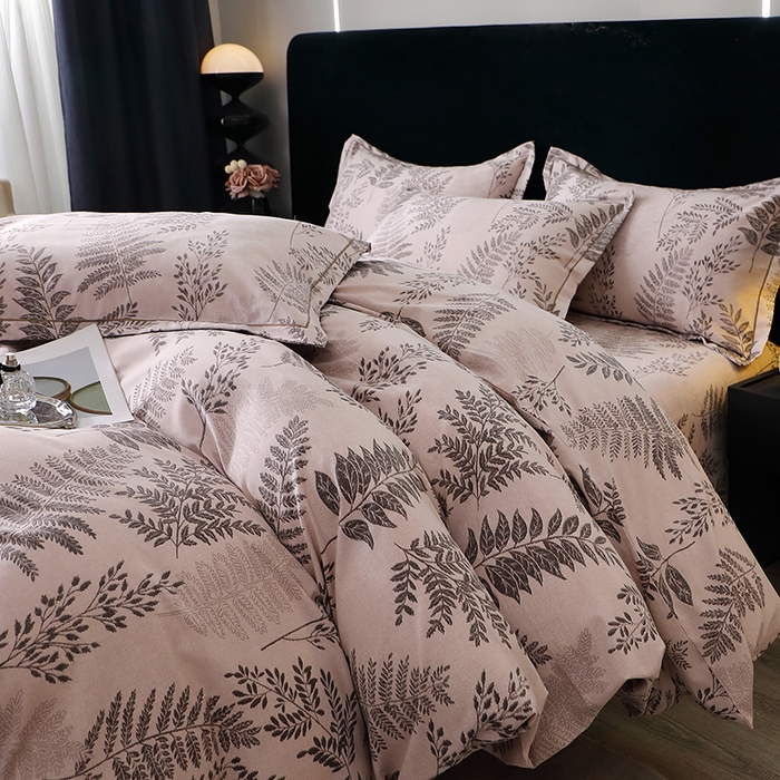 91家纺网 家纺一手货源 找家纺 晶缦家纺 2025叶语系·纯棉活性全棉磨毛四件套 本草花叶灰