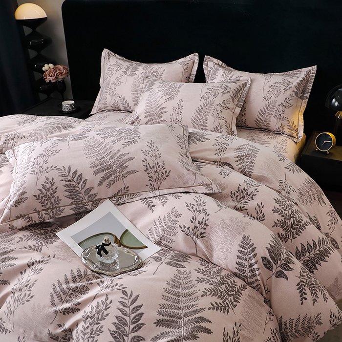 91家纺网 家纺一手货源 找家纺 晶缦家纺 2025叶语系·纯棉活性全棉磨毛四件套 本草花叶灰