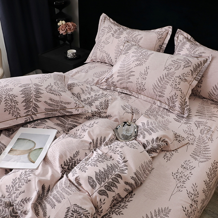 91家纺网 家纺一手货源 找家纺 晶缦家纺 2025叶语系·纯棉活性全棉磨毛四件套 本草花叶灰