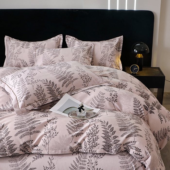 91家纺网 家纺一手货源 找家纺 晶缦家纺 2025叶语系·纯棉活性全棉磨毛四件套 本草花叶灰