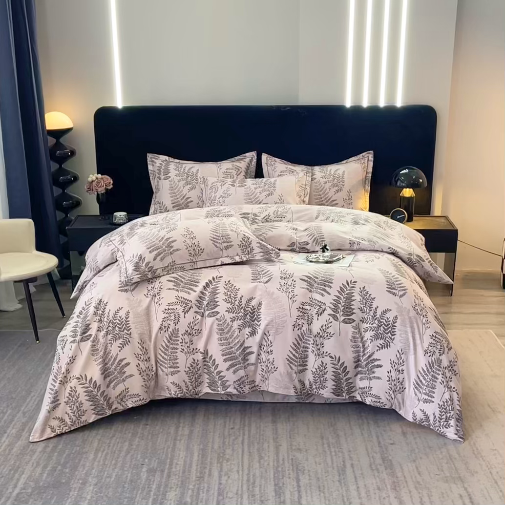 91家纺网 家纺一手货源 找家纺 晶缦家纺 2025叶语系·纯棉活性全棉磨毛四件套 本草花叶灰