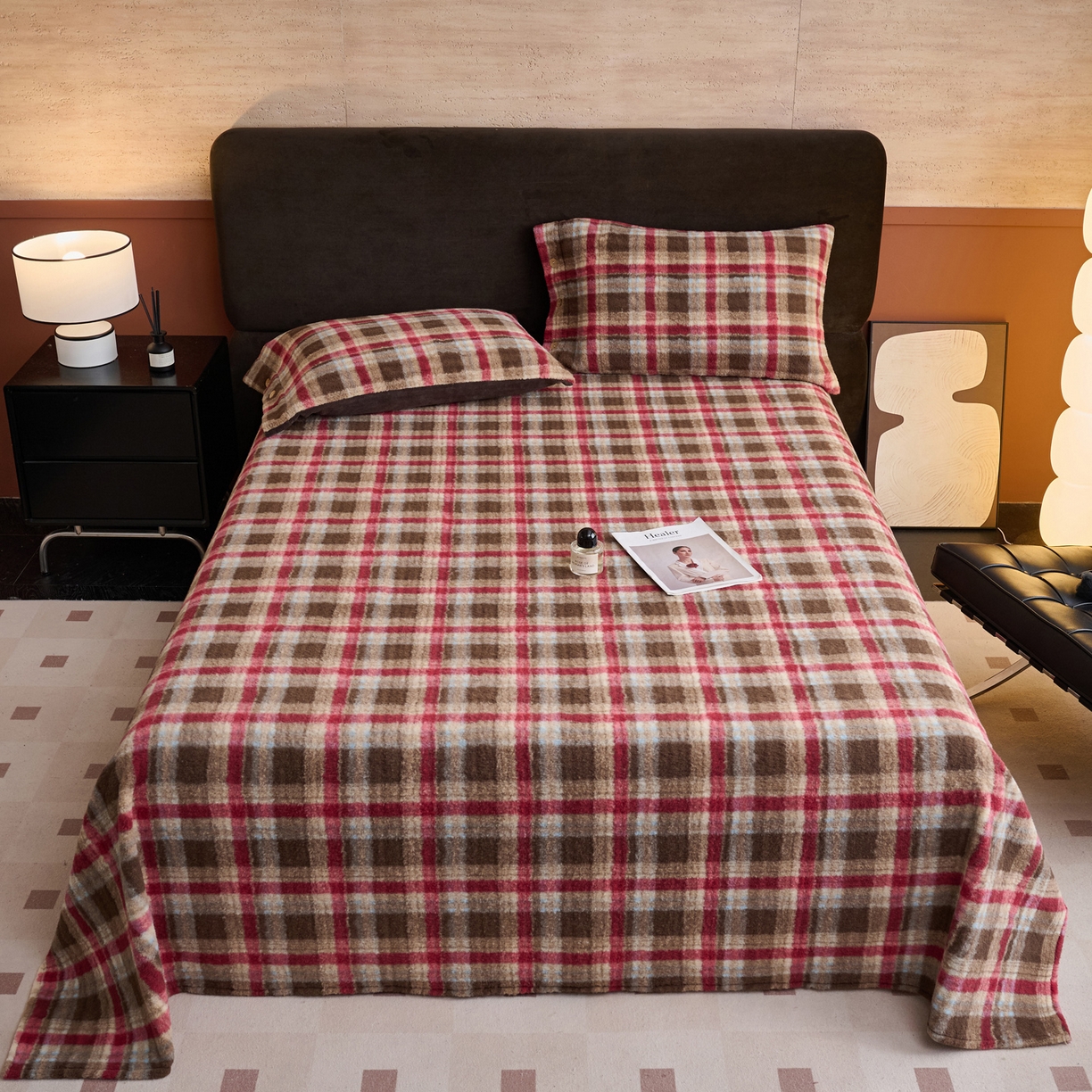 91家纺网 家纺一手货源 找家纺 早晨家纺 2025新款230g羊驼绒复古格牛奶绒床单 苏格兰格