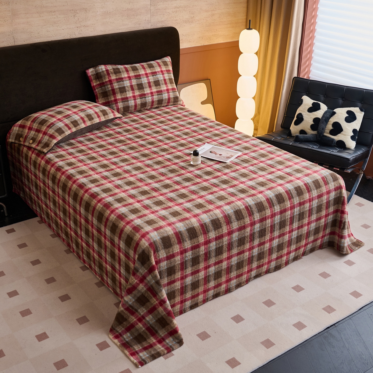 91家纺网 家纺一手货源 找家纺 早晨家纺 2025新款230g羊驼绒复古格牛奶绒床单 苏格兰格