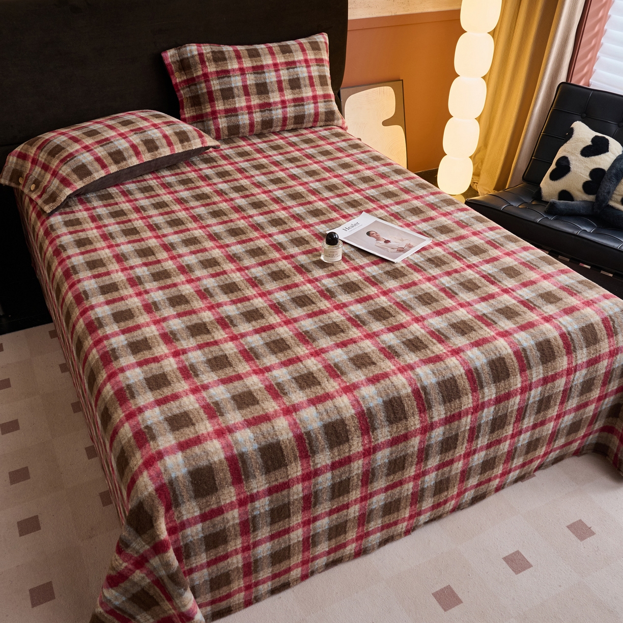 91家纺网 家纺一手货源 找家纺 早晨家纺 2025新款230g羊驼绒复古格牛奶绒床单 苏格兰格