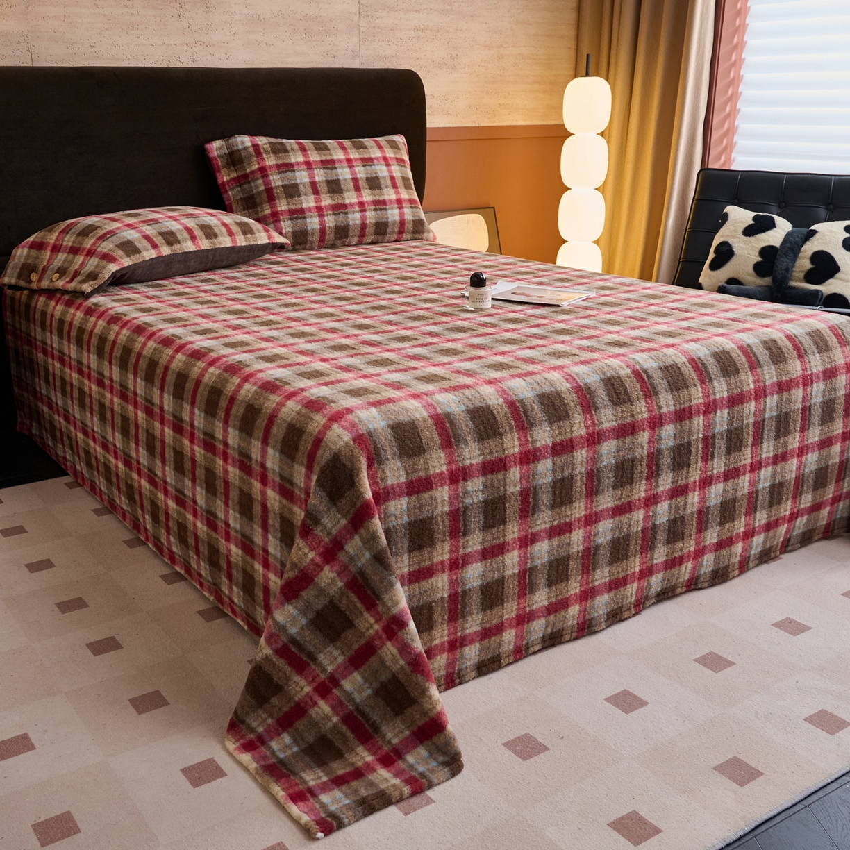 91家纺网 家纺一手货源 找家纺 早晨家纺 2025新款230g羊驼绒复古格牛奶绒床单 苏格兰格