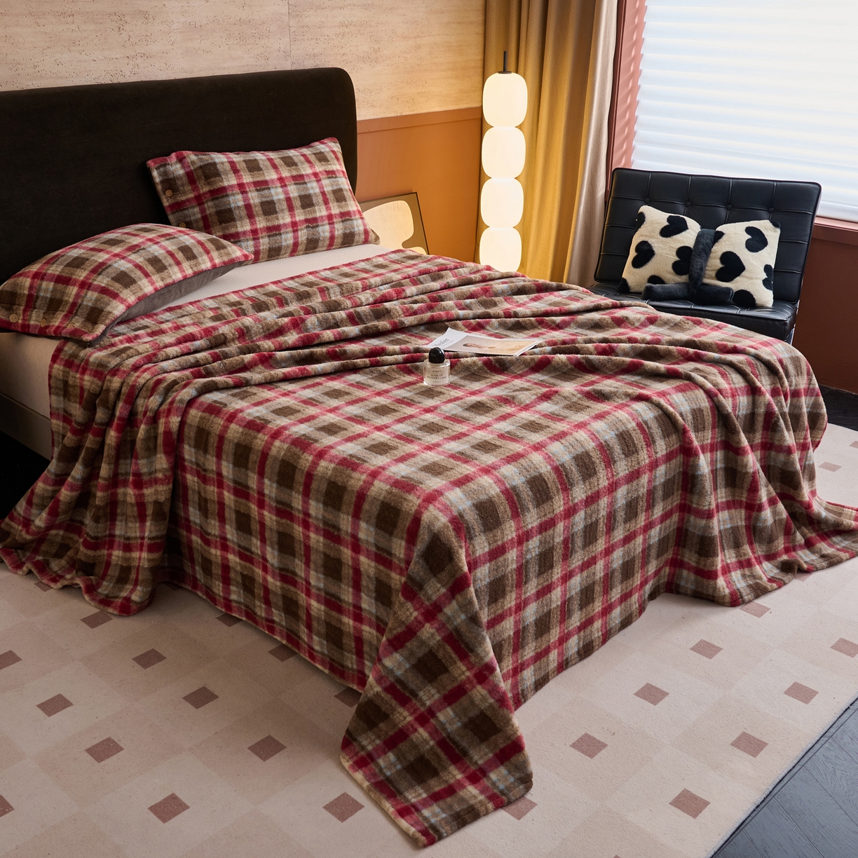 91家纺网 家纺一手货源 找家纺 早晨家纺 2025新款230g羊驼绒复古格牛奶绒床单 苏格兰格