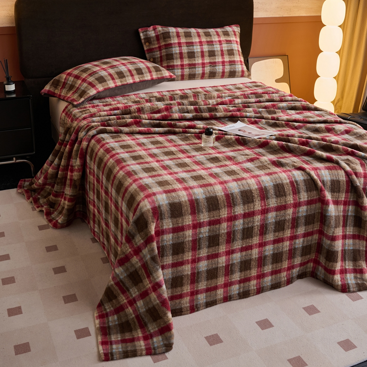 91家纺网 家纺一手货源 找家纺 早晨家纺 2025新款230g羊驼绒复古格牛奶绒床单 苏格兰格