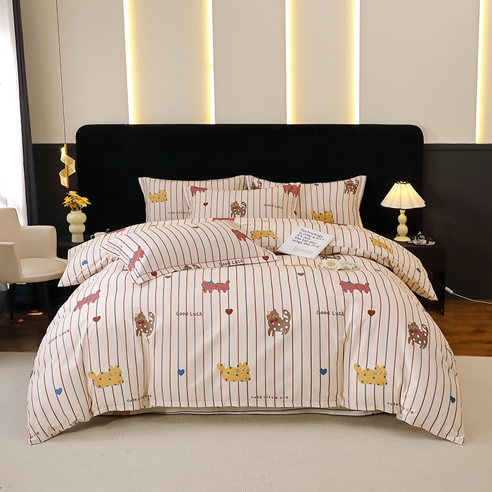 91家纺网 家纺一手货源 找家纺 晶缦家纺 2025叶语系·纯棉活性全棉磨毛四件套 可爱猫