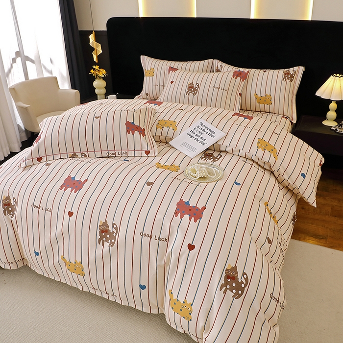 91家纺网 家纺一手货源 找家纺 晶缦家纺 2025叶语系·纯棉活性全棉磨毛四件套 可爱猫