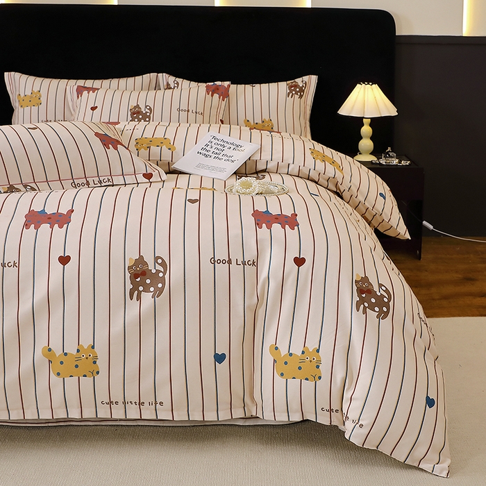 91家纺网 家纺一手货源 找家纺 晶缦家纺 2025叶语系·纯棉活性全棉磨毛四件套 可爱猫