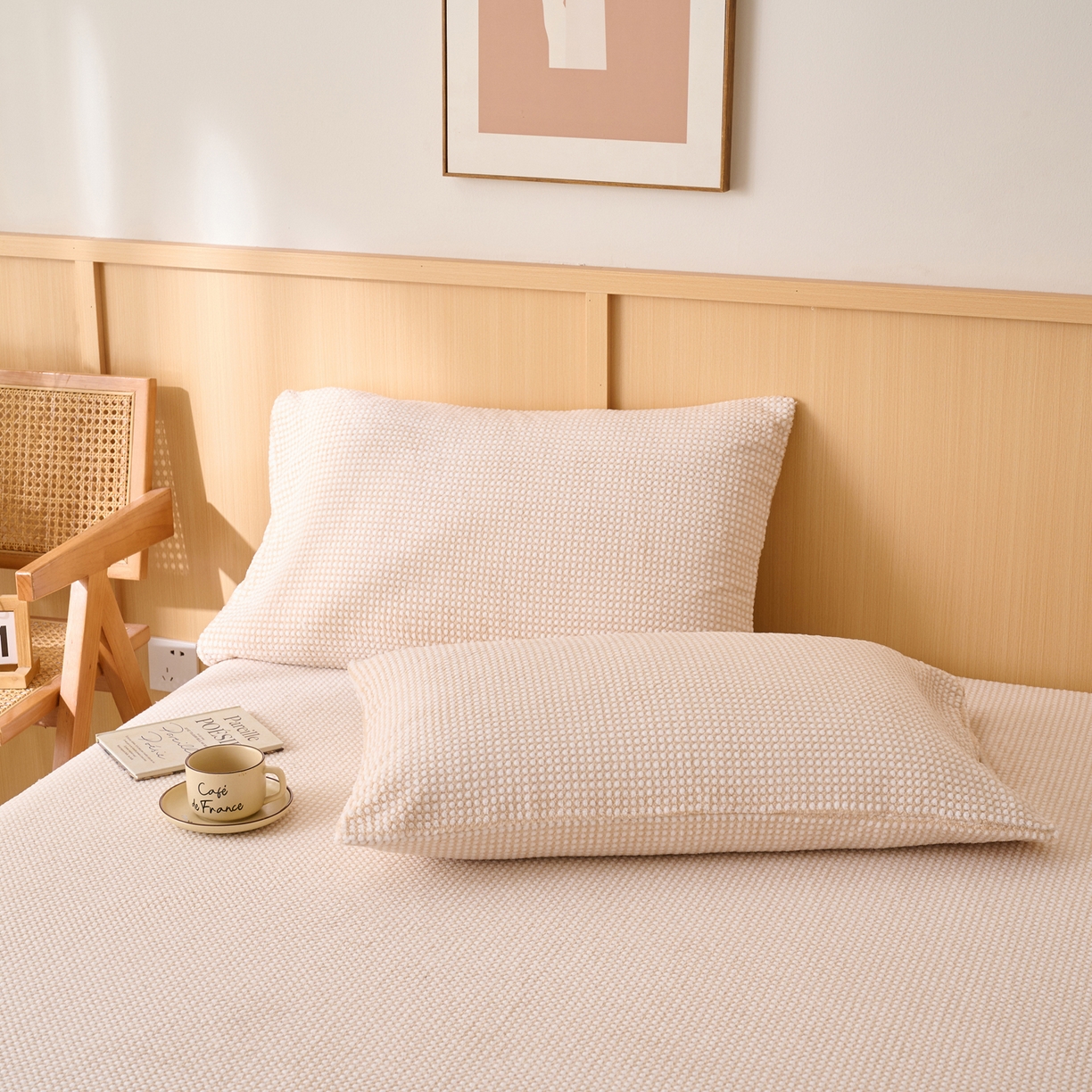 91家纺网 家纺一手货源 找家纺 早晨家纺 2025新款深蓝款高克重牛奶绒阳离子提花单枕套 深蓝-黄