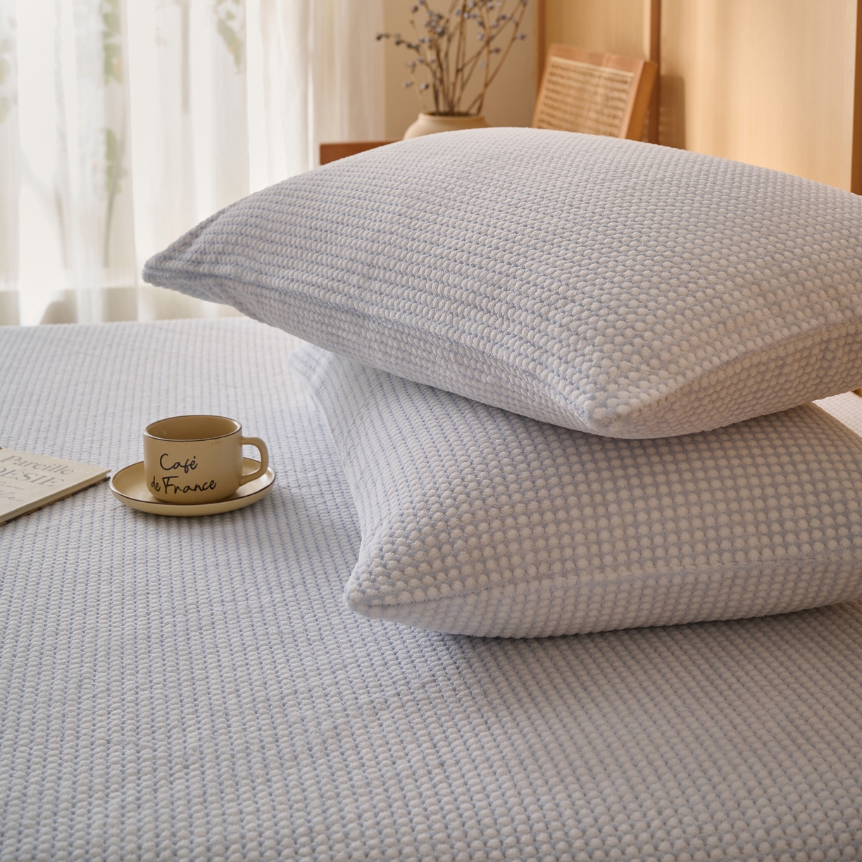 91家纺网 家纺一手货源 找家纺 早晨家纺 2025新款深蓝款高克重牛奶绒阳离子提花单枕套 深蓝-蓝