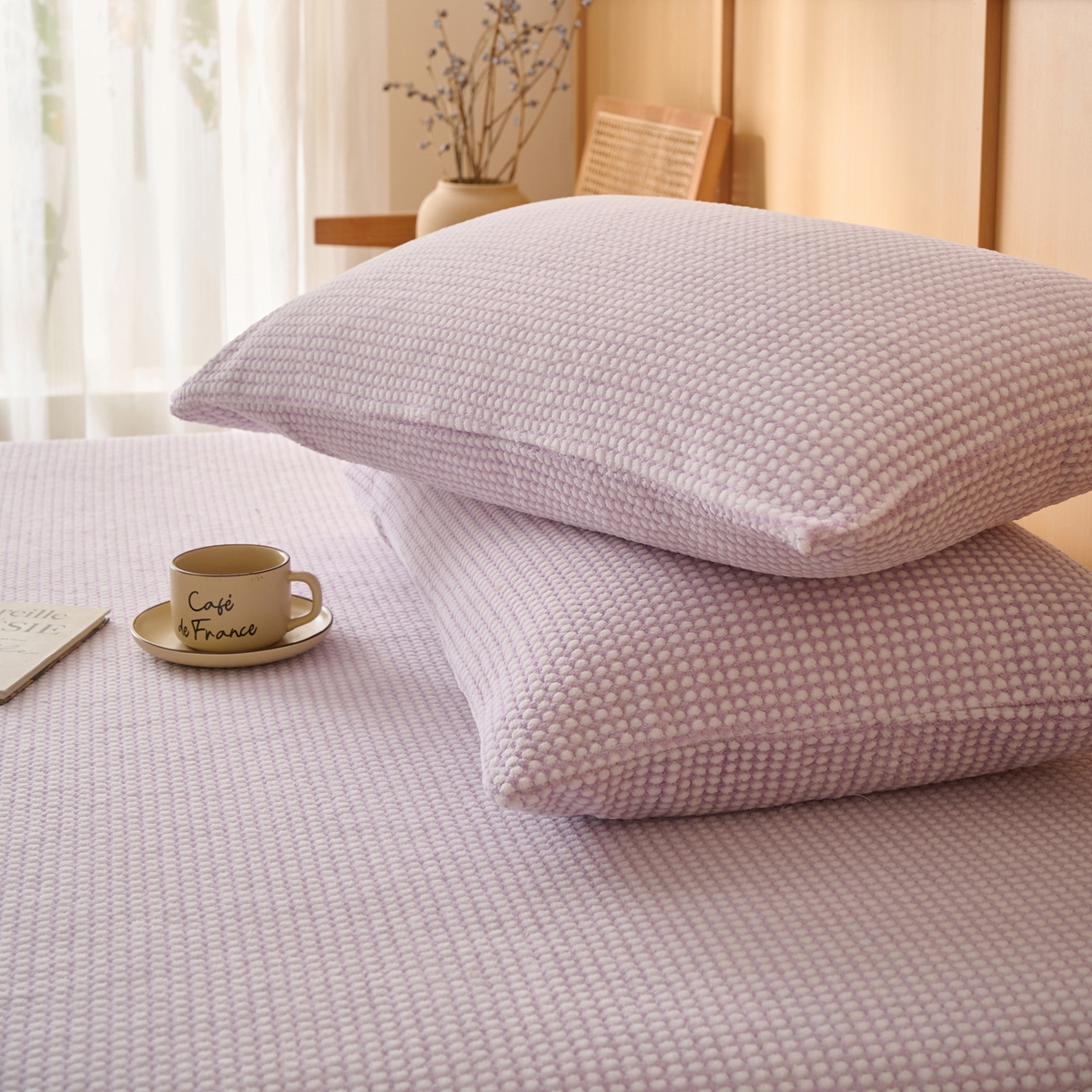 91家纺网 家纺一手货源 找家纺 早晨家纺 2025新款深蓝款高克重牛奶绒阳离子提花单枕套 深蓝-紫