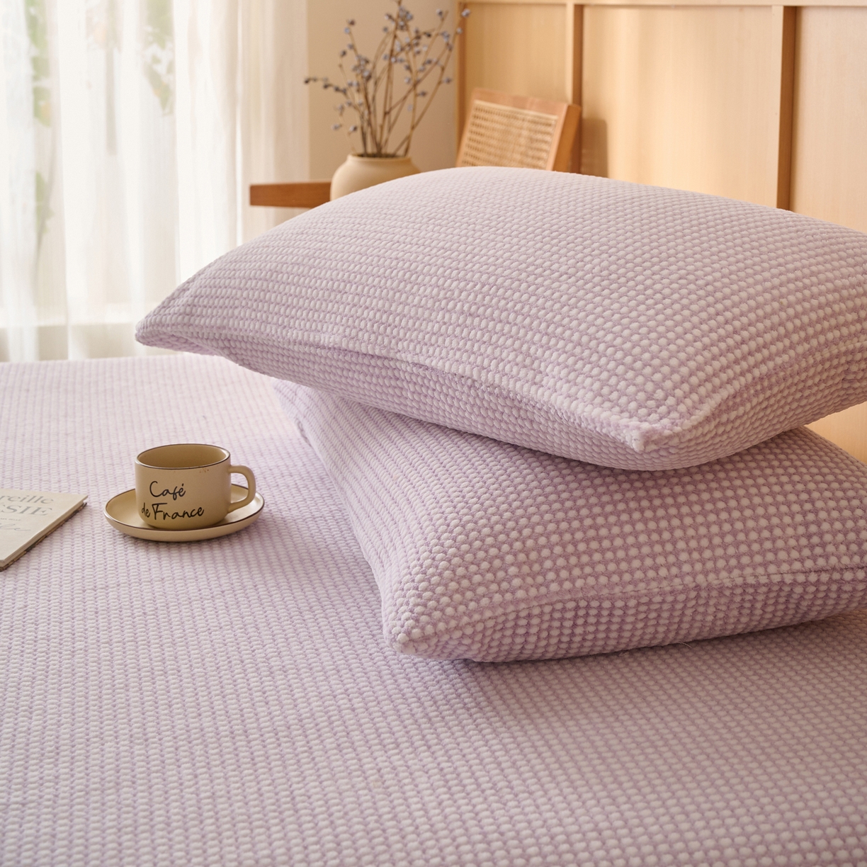 91家纺网 家纺一手货源 找家纺 早晨家纺 2025新款深蓝款高克重牛奶绒阳离子提花单枕套 深蓝-紫