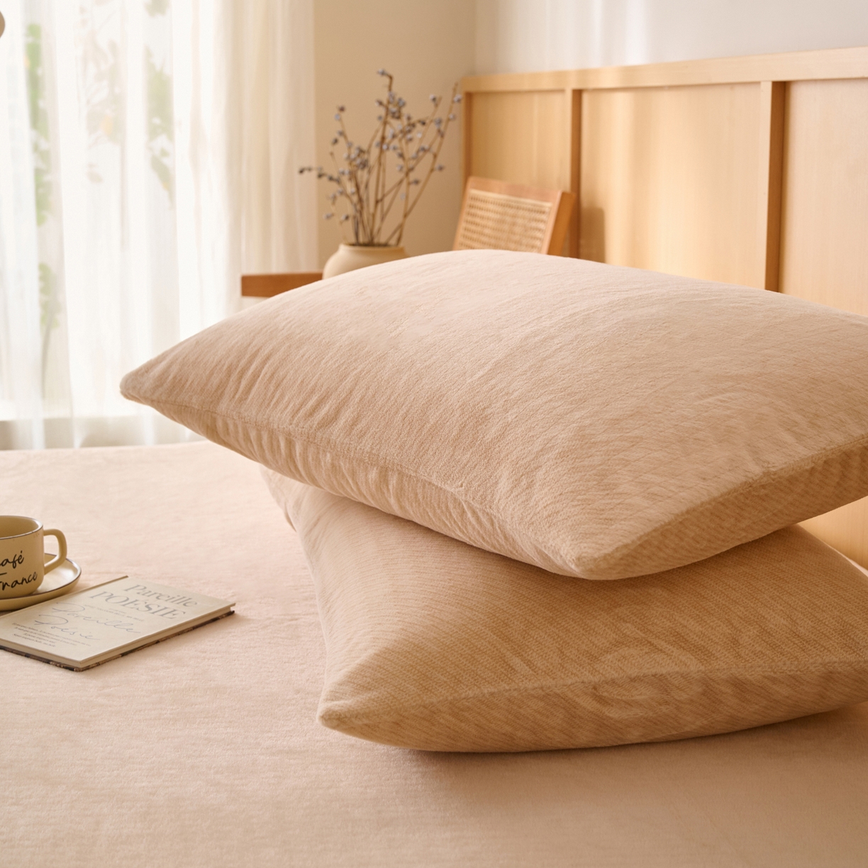 91家纺网 家纺一手货源 找家纺 早晨家纺 2025新款流星款高克重牛奶绒阳离子提花兔毛单枕套 流星-米驼