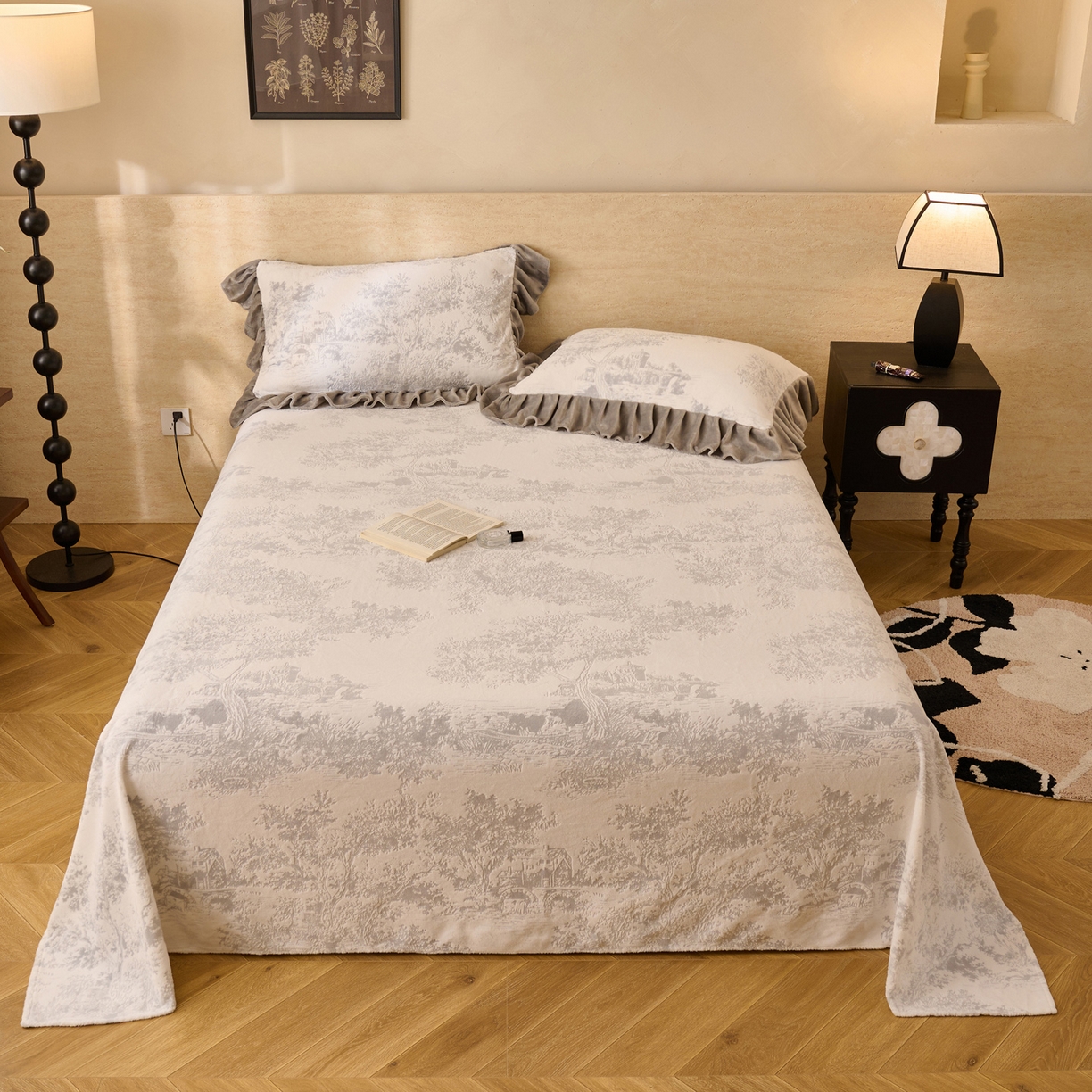 91家纺网 家纺一手货源 找家纺 早晨家纺 2025新款高克重牛奶绒烂花单品床单 林影素韵