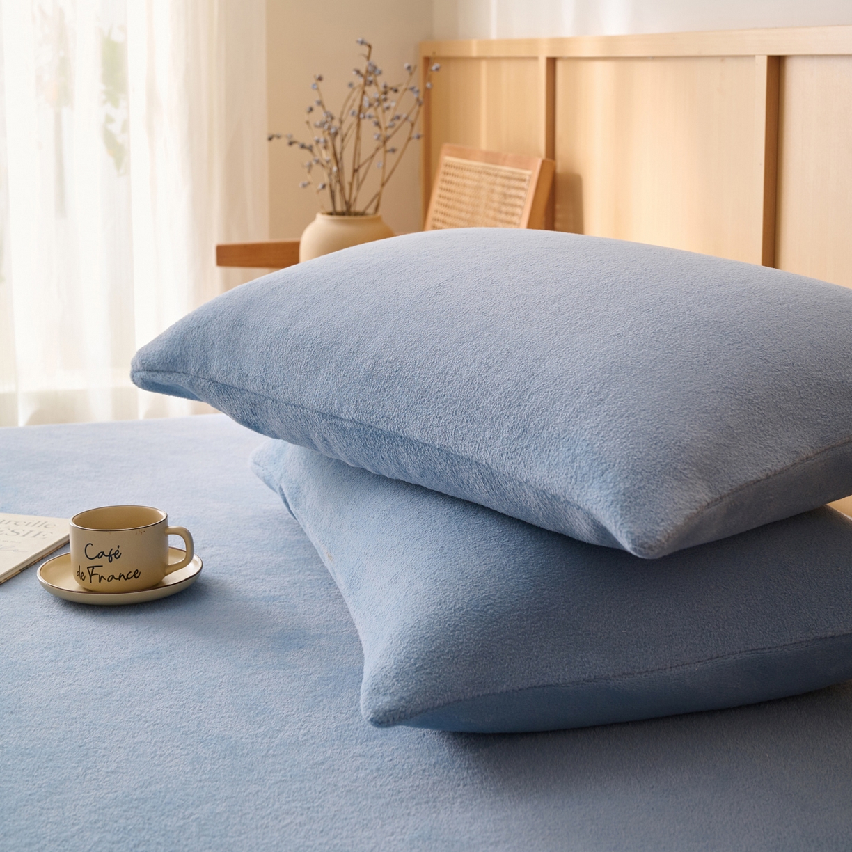 91家纺网 家纺一手货源 找家纺 早晨家纺 2025新款华泰款高克重牛奶绒仿羊绒单枕套 华泰-雾蓝