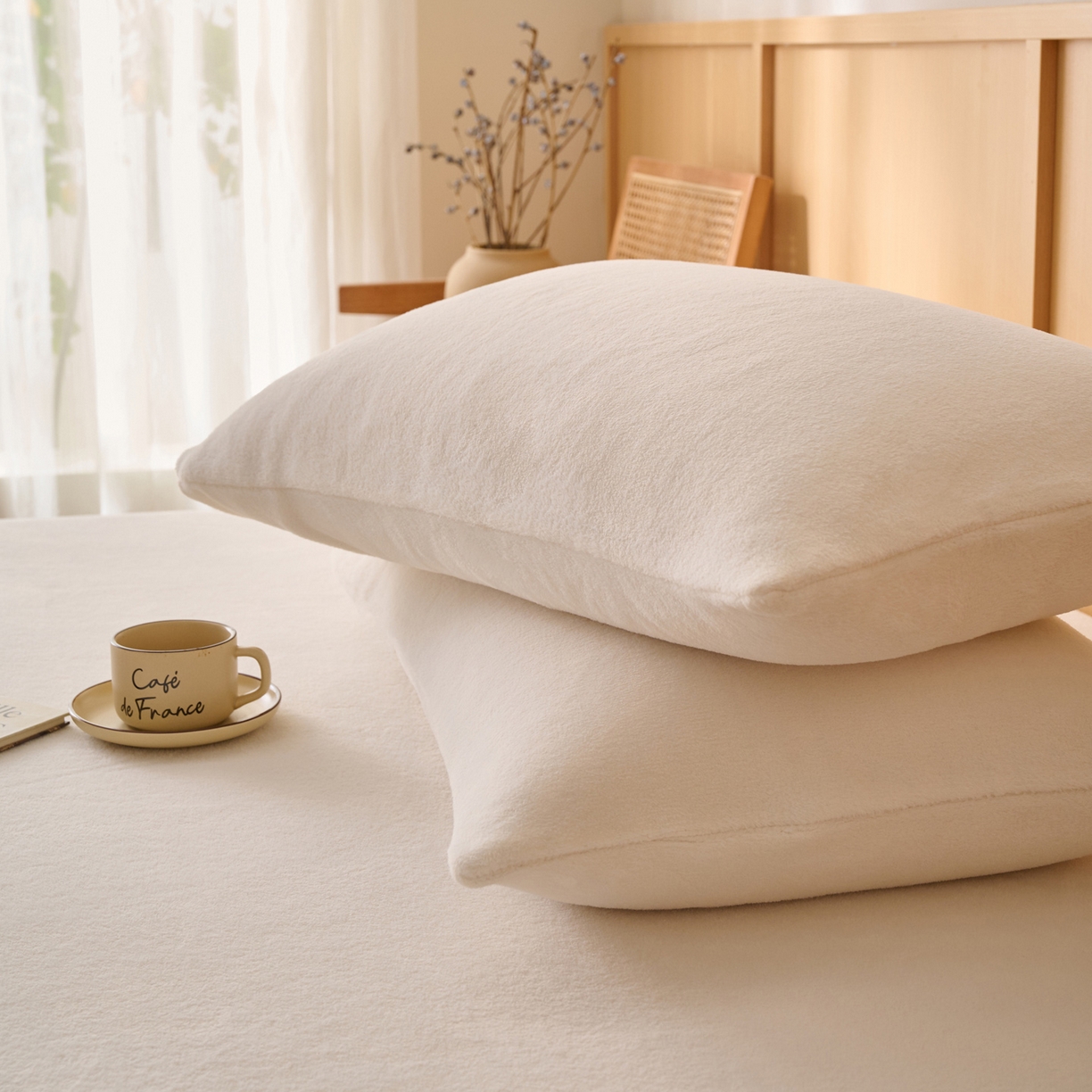 91家纺网 家纺一手货源 找家纺 早晨家纺 2025新款华泰款高克重牛奶绒仿羊绒单枕套 华泰-奶白