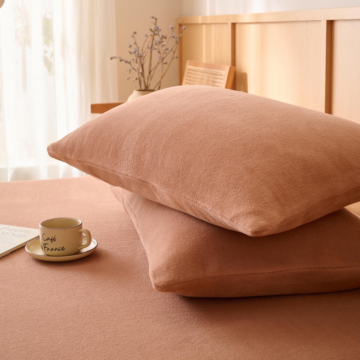 91家纺网 家纺一手货源 找家纺 早晨家纺 2025新款华泰款高克重牛奶绒仿羊绒单枕套 华泰-焦糖