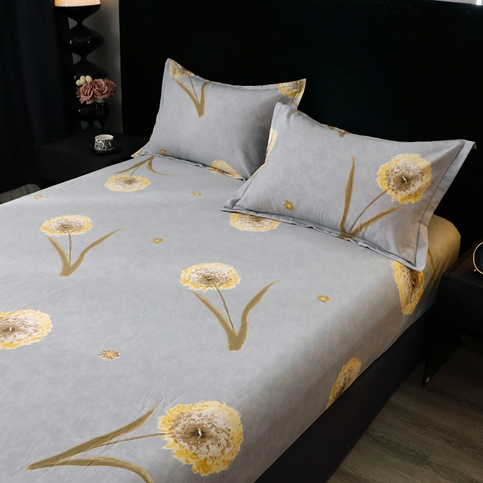 91家纺网 家纺一手货源 找家纺 晶缦家纺 2025叶语系·纯棉活性全棉磨毛四件套 清浅蒲英灰