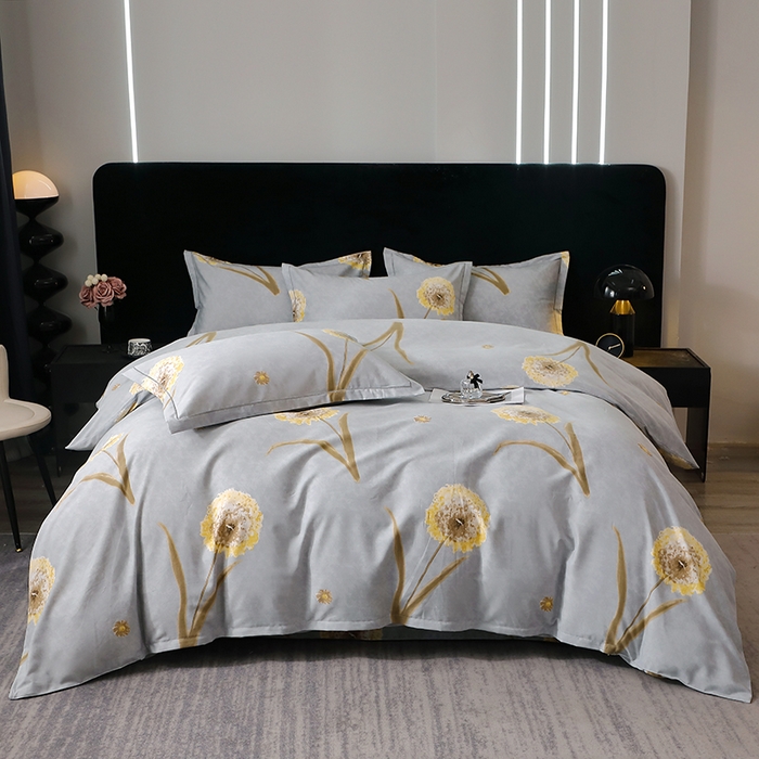 91家纺网 家纺一手货源 找家纺 晶缦家纺 2025叶语系·纯棉活性全棉磨毛四件套 清浅蒲英灰